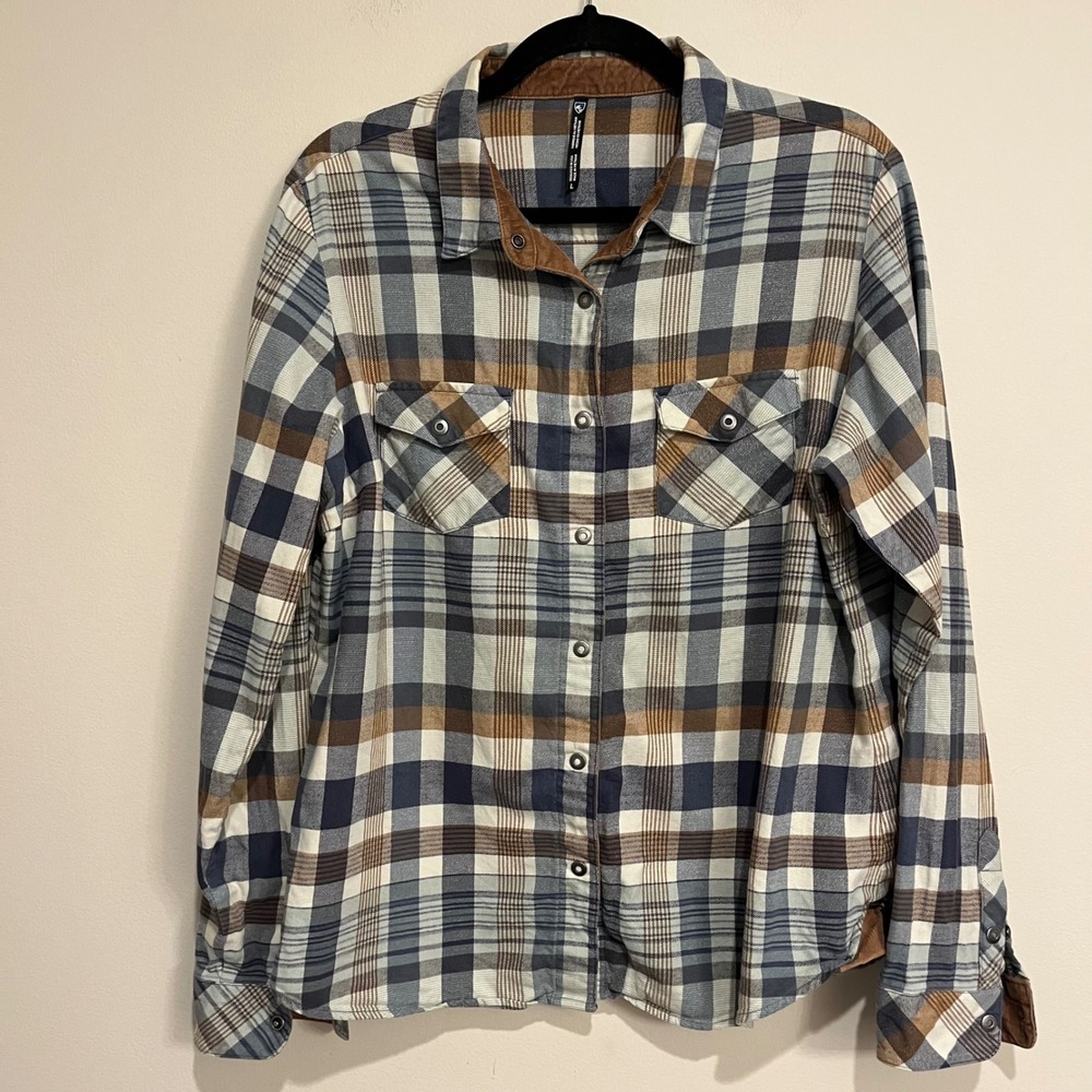 KUHL Shirt Long Sleeve Tess Flannel Snap Up Blue Brown Plaid Womens L